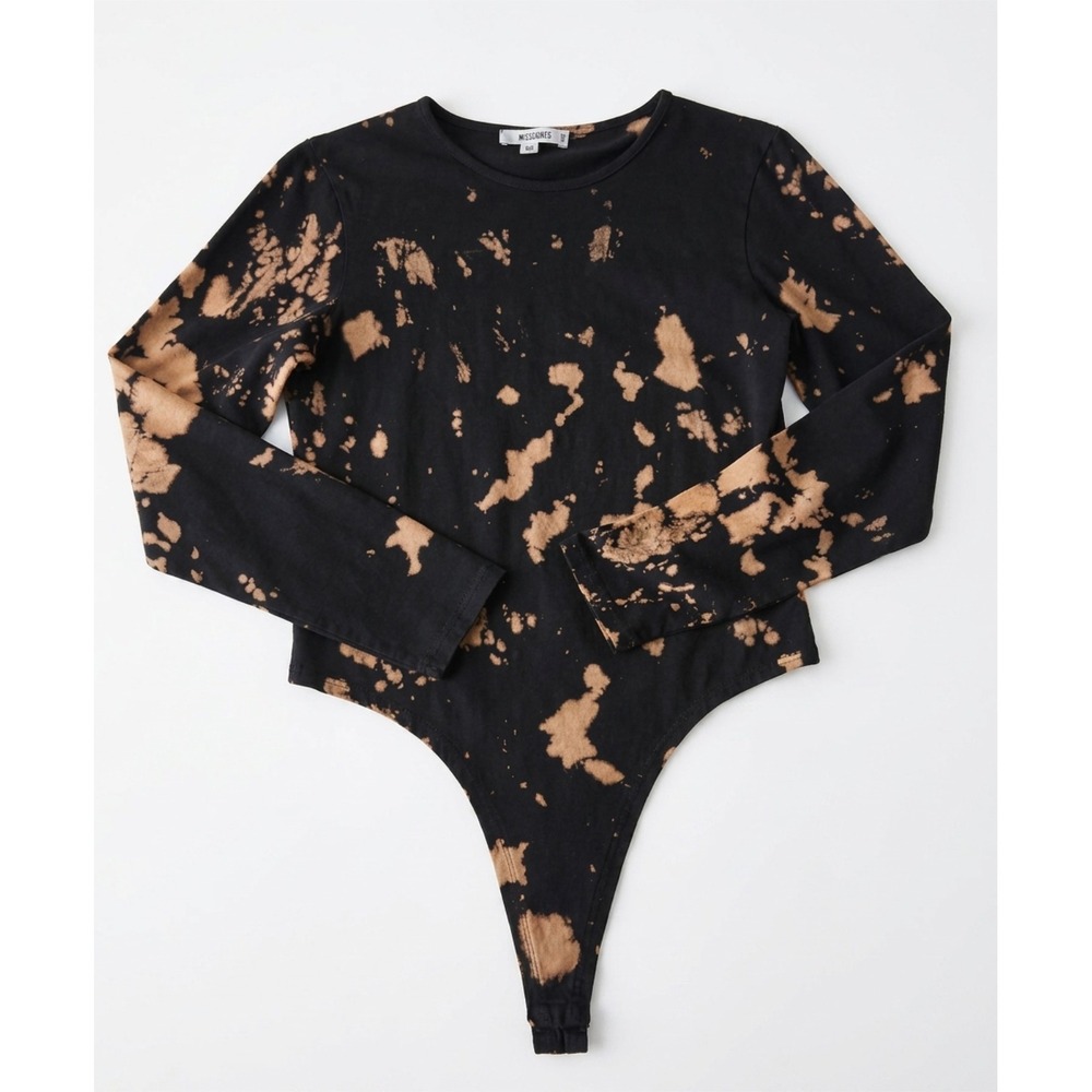Missguided Black Bleach Tie Dye Bodysuit Long Sleeve Crew Neck Thong US 8
